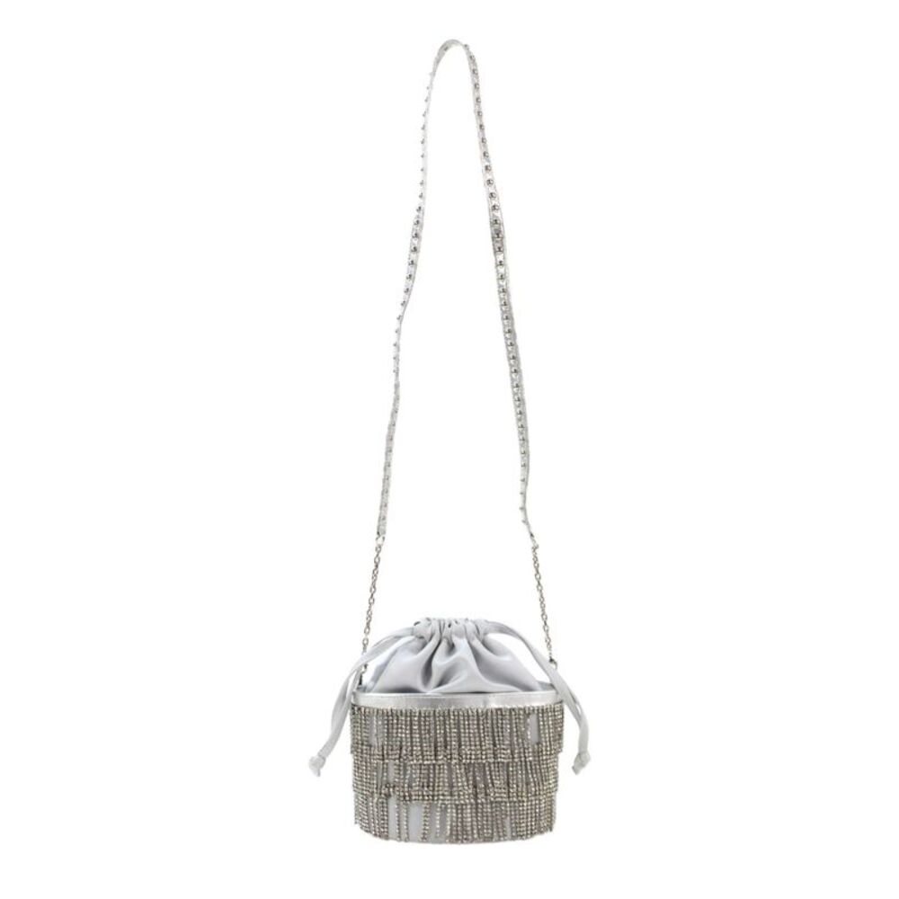Judith Leiber Womens Single Strap Leather Trim Satin Crystal Fringe Handbag Gray